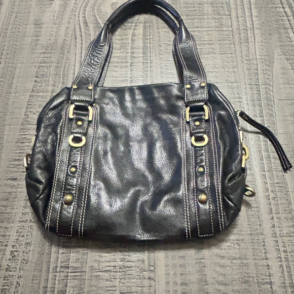 Kenneth Cole New York Black Leather Shoulder Bag with Gold Accets - Picture 1 of 16